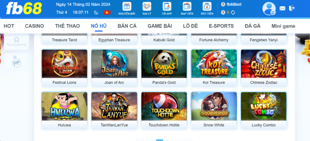Sảnh Asia Gaming FB68 có nhiều game nổ hũ