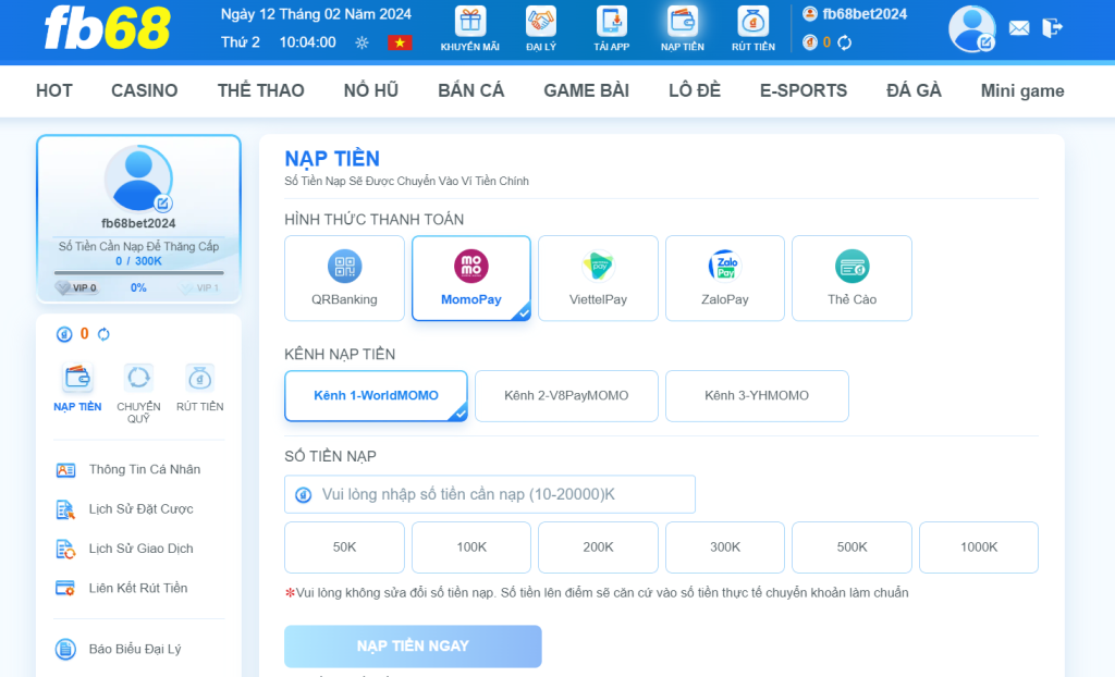 Hướng dẫn nạp tiền FB68 với các phương thức thanh toán khác nhau